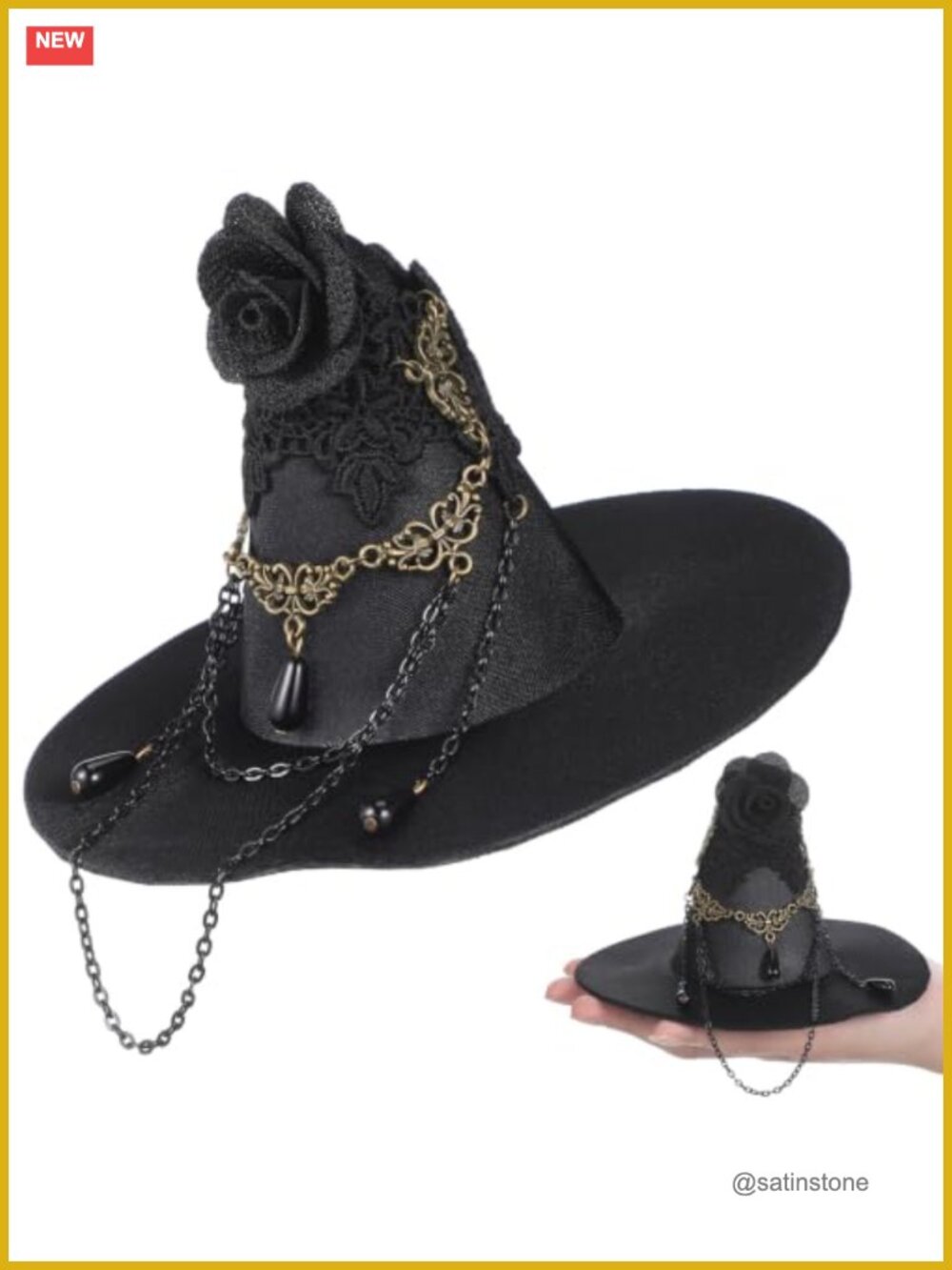 Small Witch Hat Hair Clip Fascinator with Flower and Chain Halloween Costume